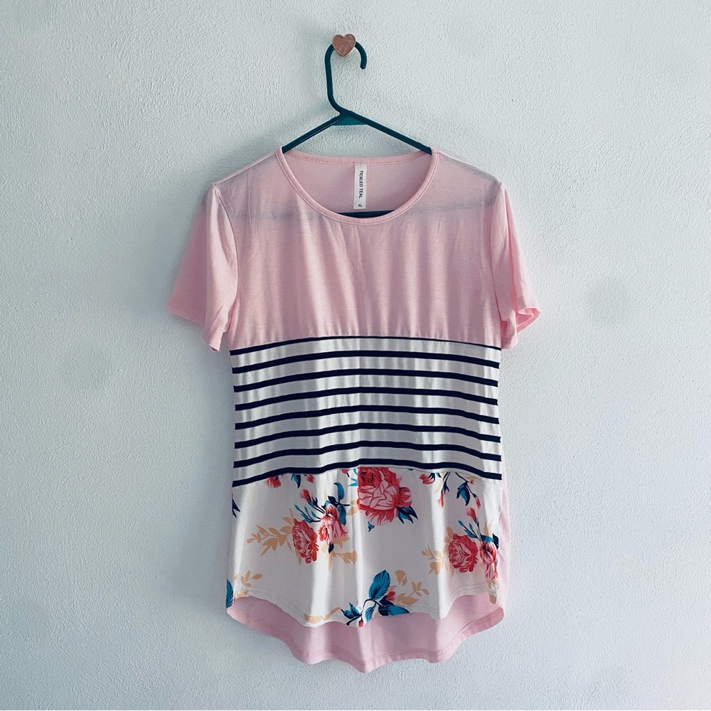 Tickled Teal pink striped floral tee